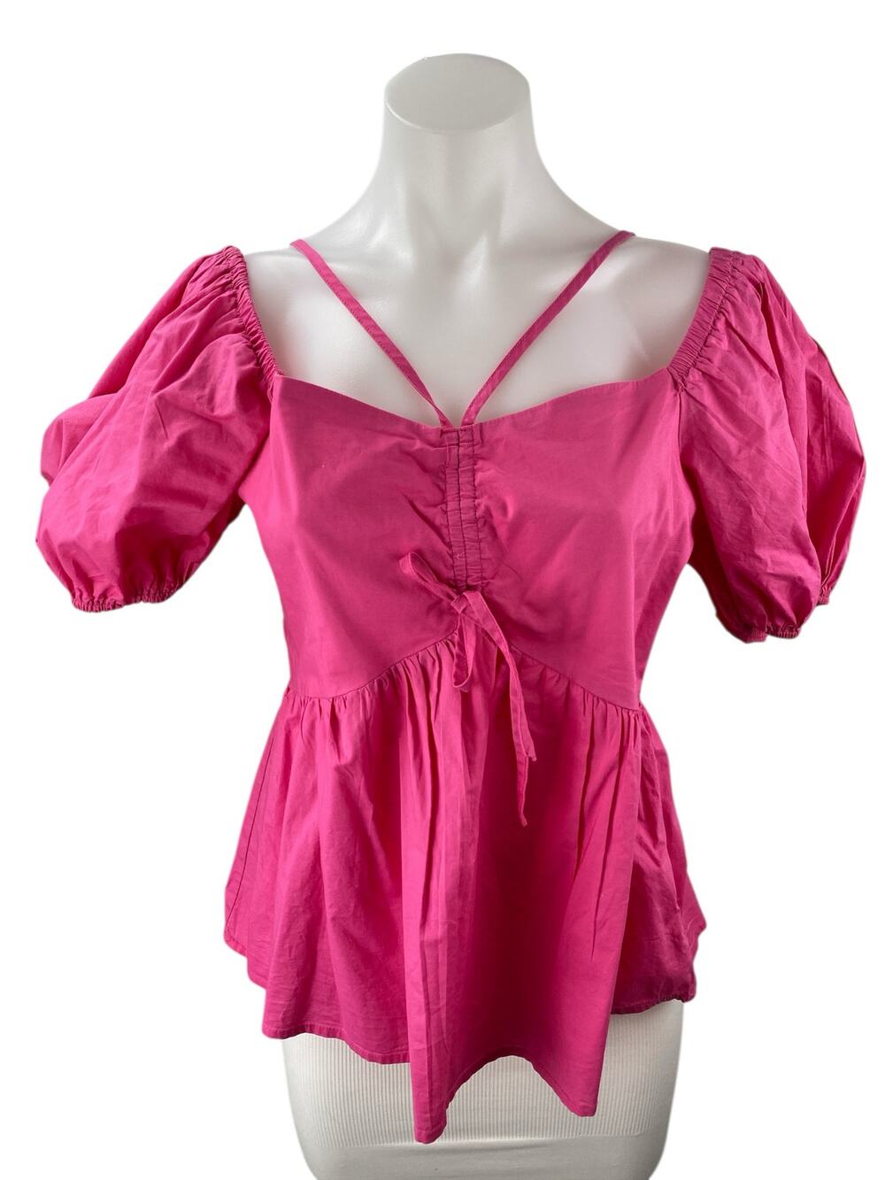 Aqua Women's Fuchsia Pink Short Puff Sleeve Ruched Tie Peplum Blouse Top Size M